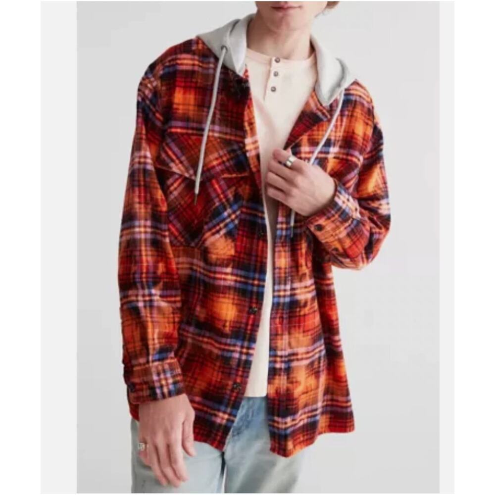 Urban Outfitters Orange Plaid Hooded Button Up Shirt Size L 100% cotton